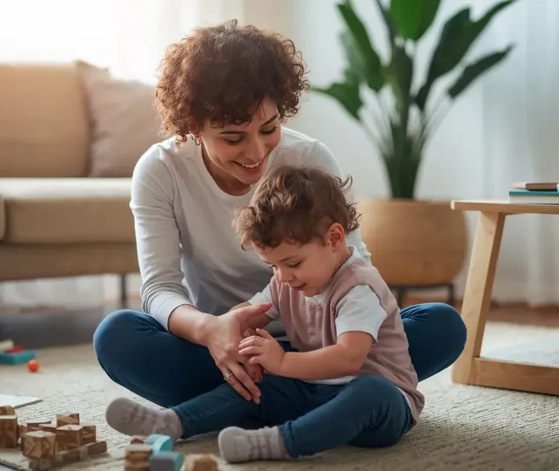 caregiver-and-young-child-playing-with-wooden-toys-at-home