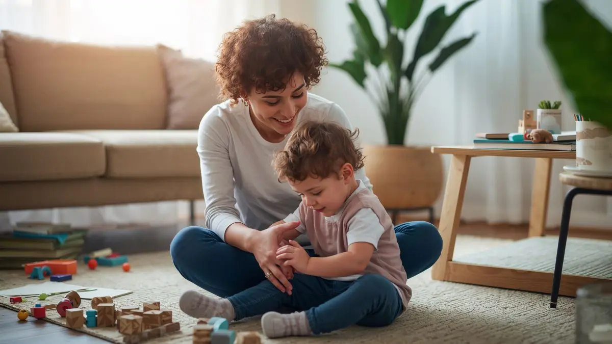 caregiver-and-young-child-playing-with-wooden-toys-at-home