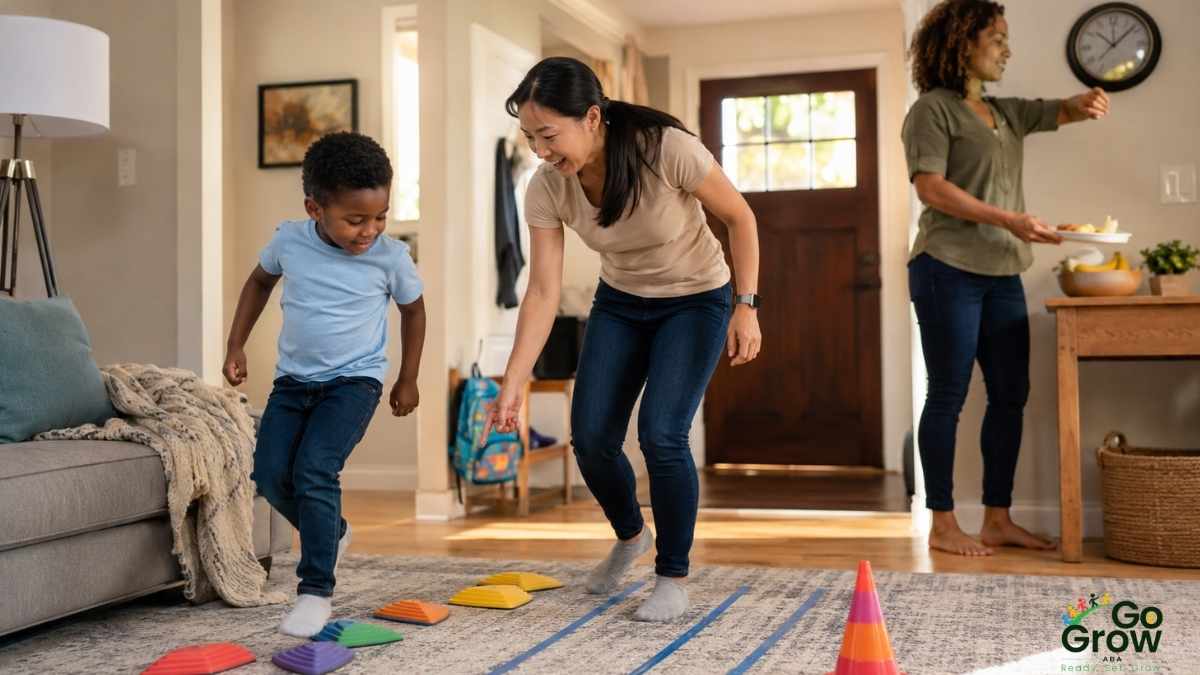 Boy and therapist playing an active obstacle course game at home