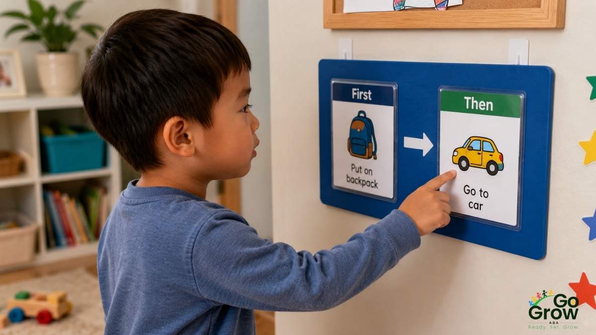child-pointing-to-first-then-visual-schedule-board-on-wall