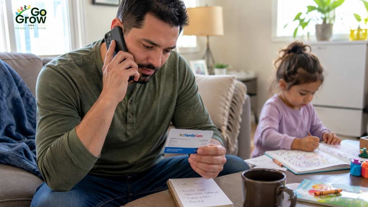 father-calling-mco-while-holding-insurance-card-child-nearby