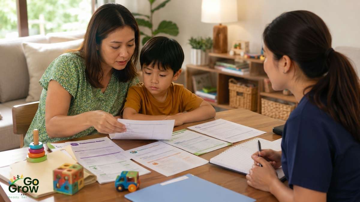 mother-and-child-reviewing-documents-with-therapist-at-table
